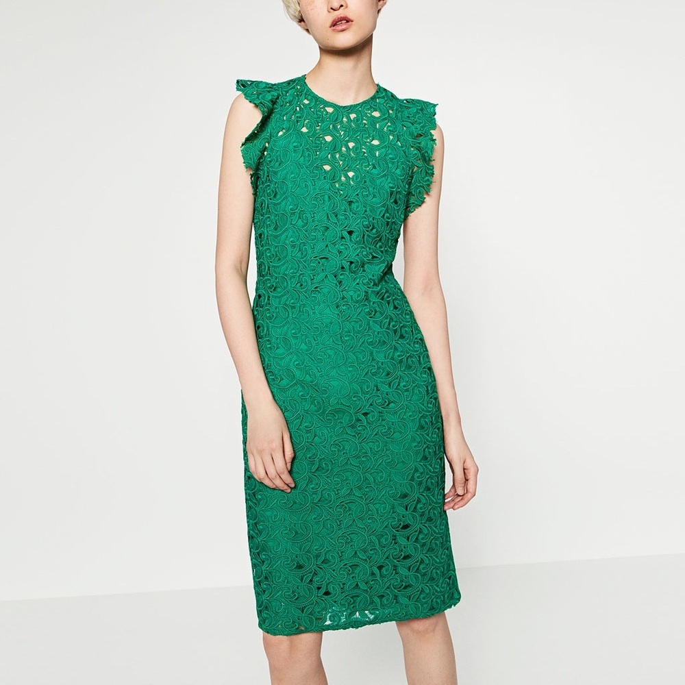 ZARA GREEN GUIPURE LACE MIDI DRESS BRAND NEW WITH TAGS XS